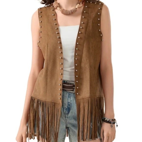 Brown Suede Fringe Vest with Studs - Picture 1 of 6